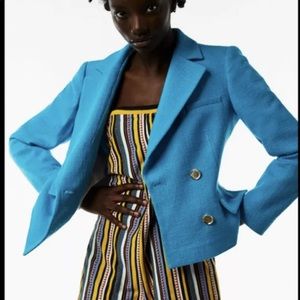 ZARA NWT S Tailored Textured Double Breasted Cropped Blazer Turquoise 3051/150